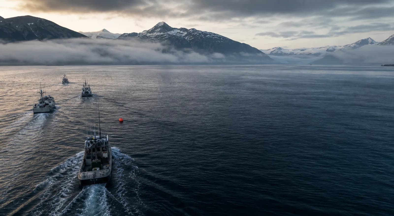 Working salmon boats crossing an Alaska bay